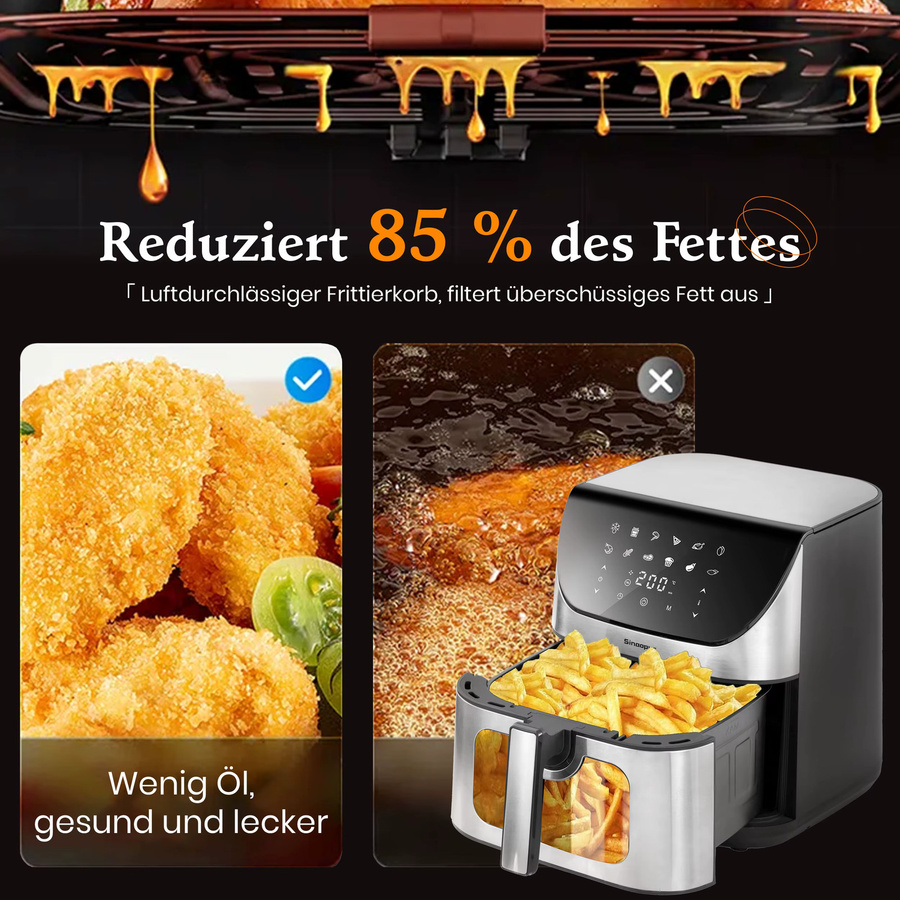 Sinaopus Heißluftfritteuse mit Sichtfenster und LED-Touch-Steuerung, Ölfreier Multifunktions-Kocher in Schwarz, 8,5 l - Bild 4
