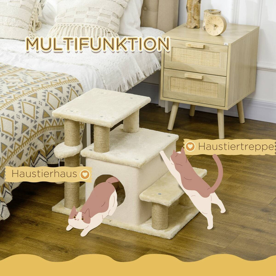 PawHut Katzentreppe mit integrierter Schlafhöhle und Spielzeug in Beige, B/H/L: 40 x 66 x 40 cm - Bild 2