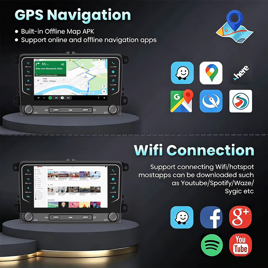 Essgoo Android 15 Autoradio mit 7 Zoll Display, 4+64G Speicher, kabellosem Carplay, Android Auto, GPS-Navigation und WLAN für Skoda, Seat, VW Octavia, Polo, Caddy, EOS, Tiguan, Passat, Jetta, Golf, Rabbit, T5 und Sharan, Schwarz - Bild 3