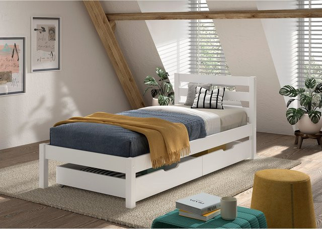 Einzelbett Pino von Vipack aus massivem Kiefer mit 2 Schubladen und Lattenrost, weiß lackiert, B/T/H: 90 x 200 cm - Bild 1