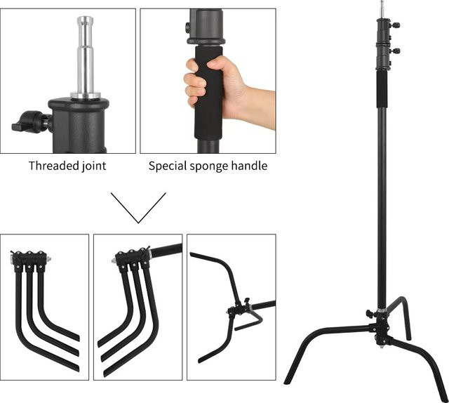 SH Edelstahl Schwerlast C-Ständer Lichtstativ mit Haltearm in Schwarz, Maximalhöhe: 260 cm, Haltearm: 107 cm - Bild 1
