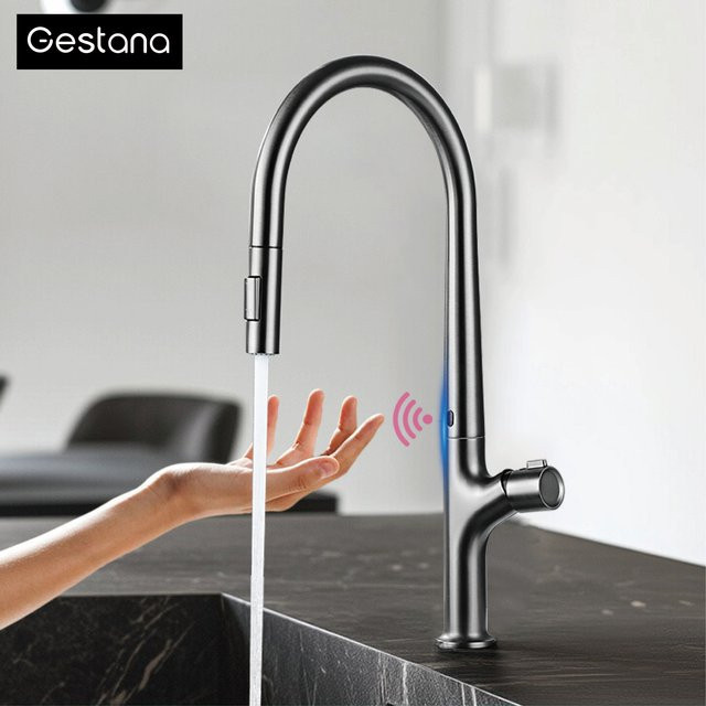 Gestana Moderner Ausziehbarer Küchenhahn in Grau mit Intelligenter Sensorsteuerung und 2 Funktionen für Warm- und Kaltwasser - Bild 1