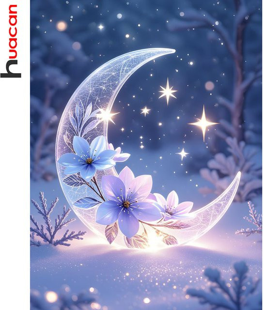 Huacan Diamantgemälde Bastelset mit Blumen und Mond im Winter-Design, B/H: 30 x 20 cm - Bild 1
