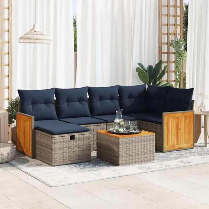 7-teilige modulare Garten-Sofagarnitur mit Kissen in Grau von vidaxl aus Poly-Rattan und Holz inklusive Fußhocker - Bild 1