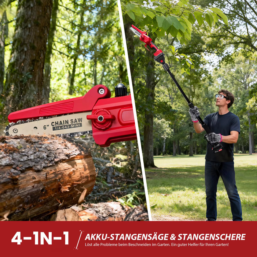 4-in-1 Mini Akku-Kettensäge mit 6 Zoll Schneide, 21V Bürstenlose elektrische Astschere mit Verlängerungsstange, Rot - Bild 2