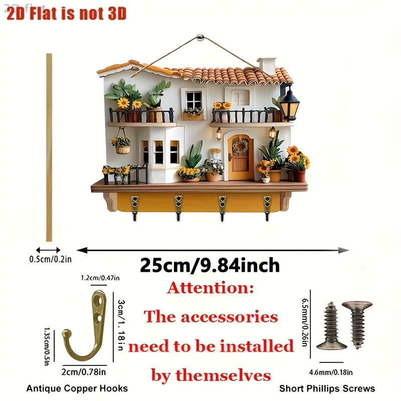 Multifunktionaler Wandkleiderhaken aus Holz mit floralem Design und vier Metallhaken in Mehrfarbig, Wanddekoration im Landhausstil - Bild 7
