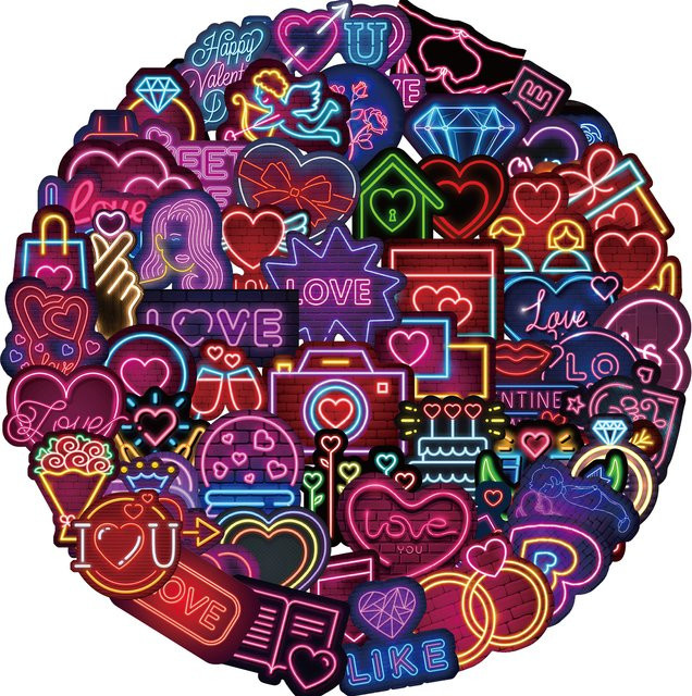64 Stück Neon Valentinstag Cartoon Graffiti Aufkleber wasserfest in Multicolour für Laptop, Telefon und Wasserflaschen - Bild 1