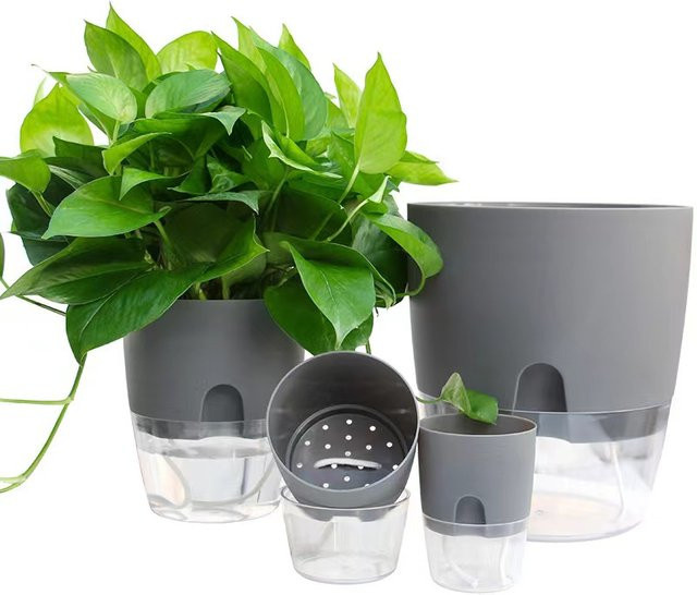 Transparenter Kunststoff-Blumentopf mit doppelschichtigem Wasserspeicher für Zimmerpflanzen in Transparent, Grün, Weiß oder Grau - Bild 1