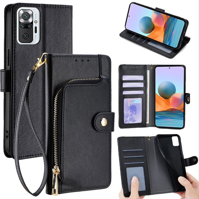 Xiaomi Leder-Brieftasche Flip Case für Redmi Note 10 Pro Max 10T 10s 10a 10 Lite Prime mit Metallschnalle in Schwarz - Bild 1