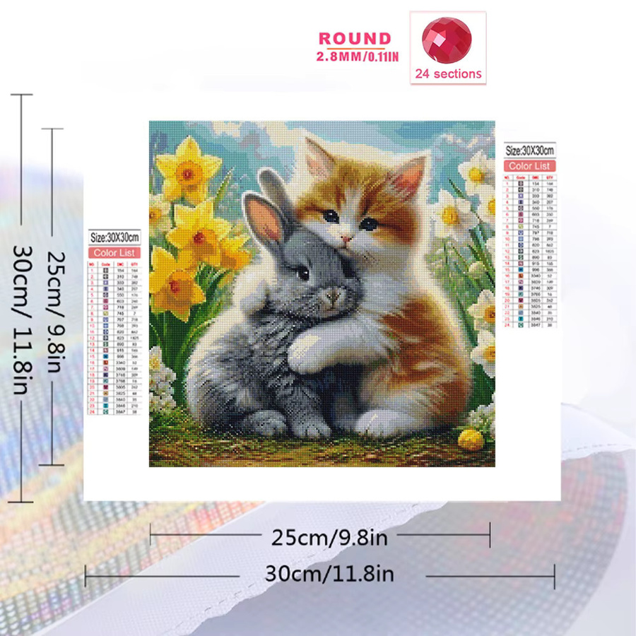 Momoart DIY Diamantmalerei Katze und Kaninchen Mosaik Set mit Blumenmuster für Erwachsene und Anfänger, Mehrfarbig, 20 x 20 cm - Bild 2
