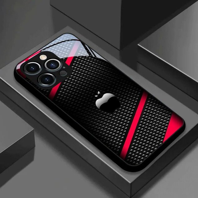 Schwarze Handyhülle aus gehärtetem Glas mit Carbonfaser-Design für Apple iPhone 11 bis iPhone 18 Pro Max und 16E - Bild 1