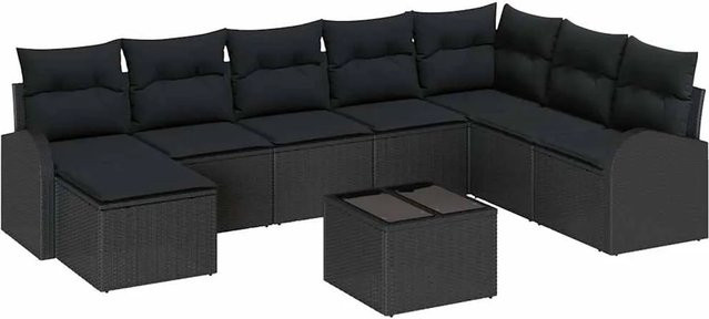 vidaXL Garten-Sofa-Set aus Polyrattan in Schwarz mit 9 Teilen, L-Form mit Eckelementen, Ottoman und Couchtisch sowie UV-beständigen Kissen - Bild 1