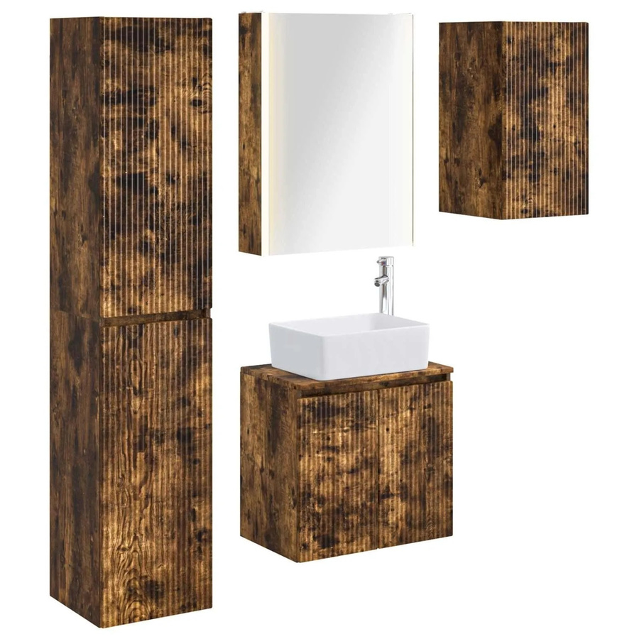 vidaXL Badezimmerschrank-Set 5-teilig aus Holz in Geräucherte Eiche, modern mit LED-Beleuchtung und Spiegelschrank, B/T/H: 53 x 15,5 x 70 cm - Bild 2