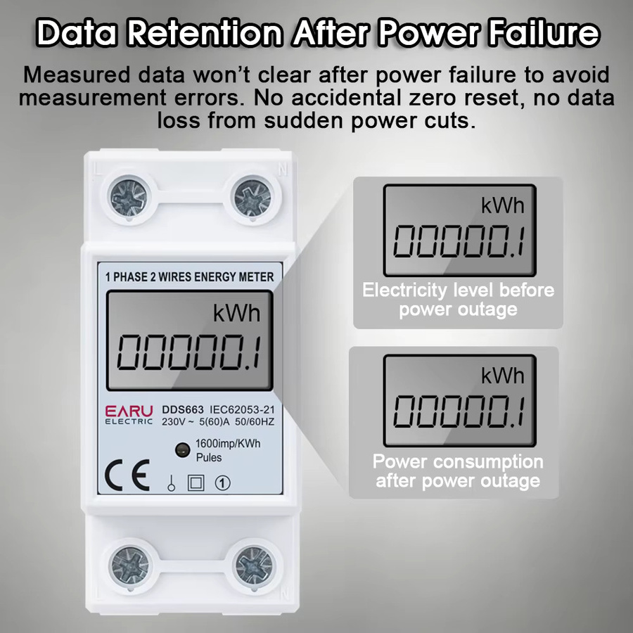 EARU Digitaler Einphasen-Stromzähler kWh Digitaler Wattstundenzähler für die DIN-Schiene in Weiß - Bild 3