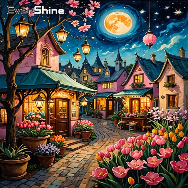 EverShine Diamond Painting Set mit Landschaftsstraßen-Motiv und Tulpen in Multicolour, DIY-Mosaik-Stickerei für deine Heimdekoration, B/H: 20 x 20 cm - Bild 1