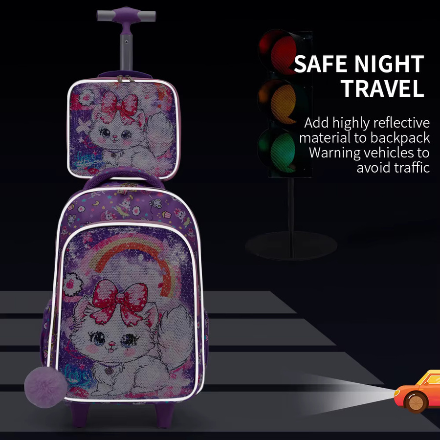 BLING BABIES 3-teiliges Rollrucksack-Set für Mädchen mit Cartoon-Kätzchen-Design und Pailletten in Lila und Rot inklusive Lunchbox und Stiftetasche - Bild 2