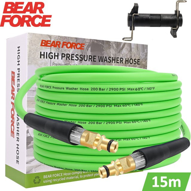 BEAR FORCE Hochdruckreiniger-Wasserschlauch 1/4 Zoll, 15 m Länge, 200 Bar, knickresistent, grün, passend für Kärcher K2-K7 Klick-Typ - Bild 1