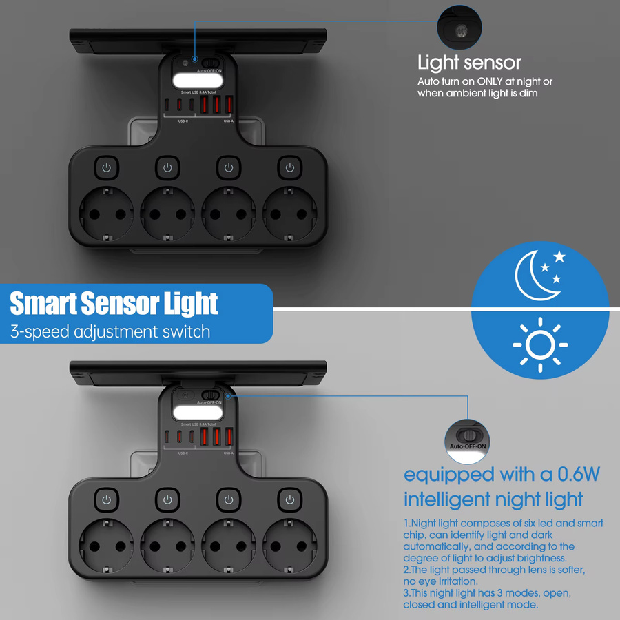 Multifunktions-Steckdosenleiste in Schwarz mit 4 AC-Anschlüssen, 3 USB-C und 3 USB-A Anschlüssen, 3250W, Wandmontage mit unabhängigen Schaltern und Sensor-Nachtlicht - Bild 3