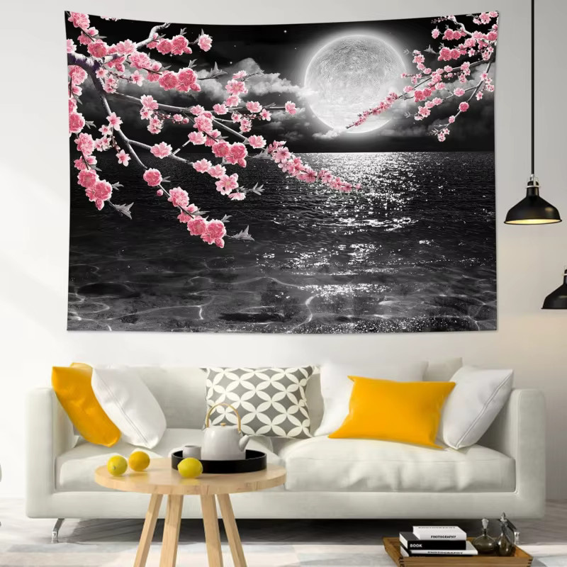 VIKAMA Wandteppich Night Ocean Cherry Blossom in Blau und Pink, Ästhetischer Sakura Wave Wandbehang mit floralem Design für dein Schlafzimmer - Bild 3
