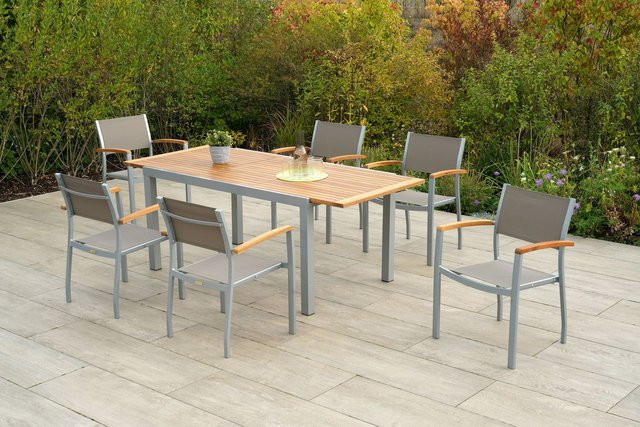 Merxx Gartenmöbelset Naxos 7-tlg. aus Aluminium, Akazie und Textil in Grau/Silber mit ausziehbarem Tisch, B/T/H: 150 x 90 x 75 cm - Bild 1