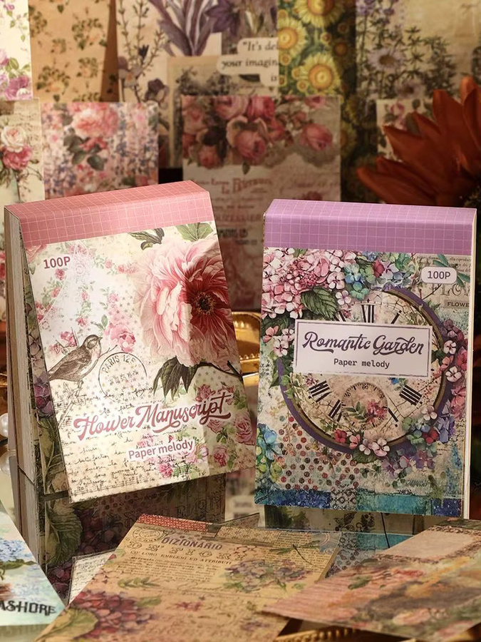 100 Blatt Vintage-Blumen-Scrapbook-Papier in Braun und Mehrfarbig mit 50 verschiedenen Mustern aus Kraftpapier - Bild 4