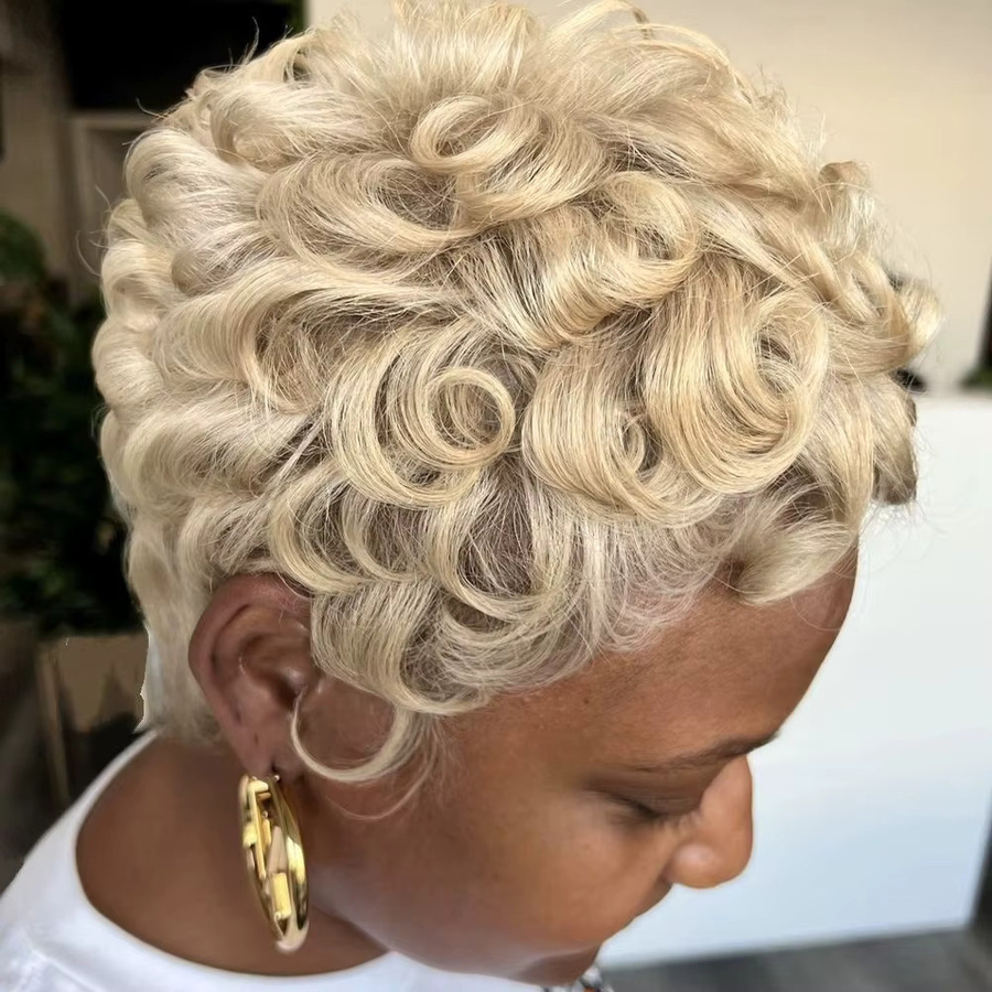 OYM HAIR Afro Rose Perücke, Pixie-Schnitt, brasilianisches Echthaar, kurz, lockig mit Pony - Bild 2