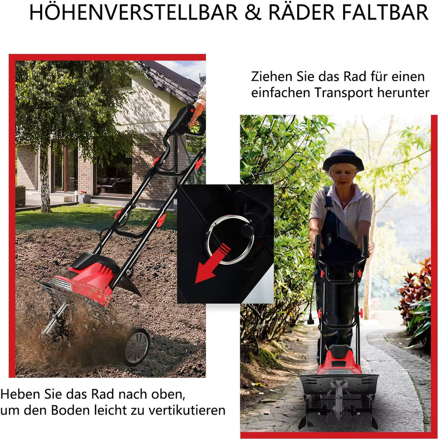 GOFLAME Elektrische Gartenfräse in Rot und Schwarz mit 1200 W, 4 Hackmessern, Arbeitsbreite: 35 cm, Arbeitstiefe: 22 cm - Bild 5