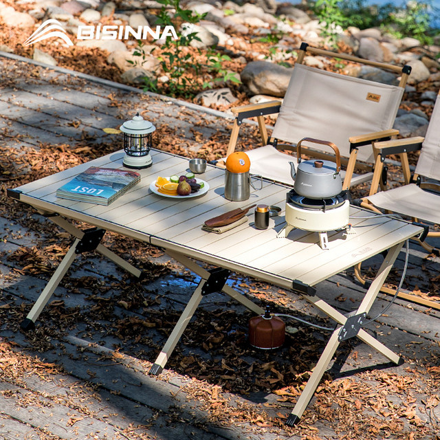 BISINNA Outdoor-Camping-Eierrollentisch aus Kohlenstoffstahl, tragbarer Klapptisch für Picknick und Grillen in Schwarz oder Beige - Bild 1