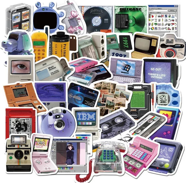 50 Stück GOGOTU Vintage Telefon und CD Band Aufkleber Set, Retro Cartoon Sticker in Multicolour, wasserfest für Laptop, Notebook und Koffer - Bild 1
