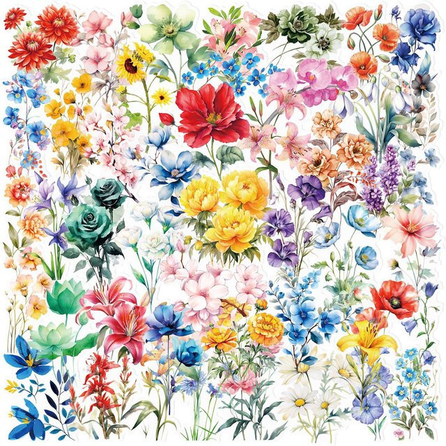 50 Stück YIIMANNER Blumen-Doodle-Aufkleber aus transparentem PET für Handyhüllen, Wasserflaschen und Notebooks, Mehrfarbig - Bild 1