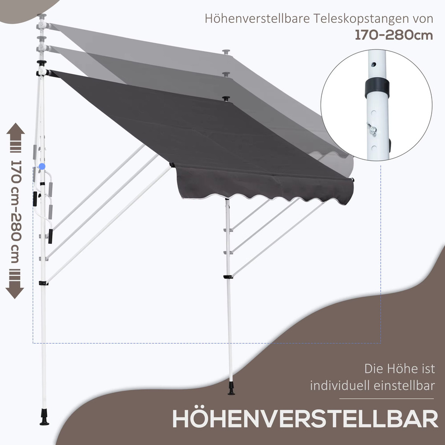Outsunny Gelenkarmmarkise Klemmmarkise höhenverstellbar in Grau aus Aluminium für Balkon und Terrasse B/H: 200 x 150 cm - Bild 5