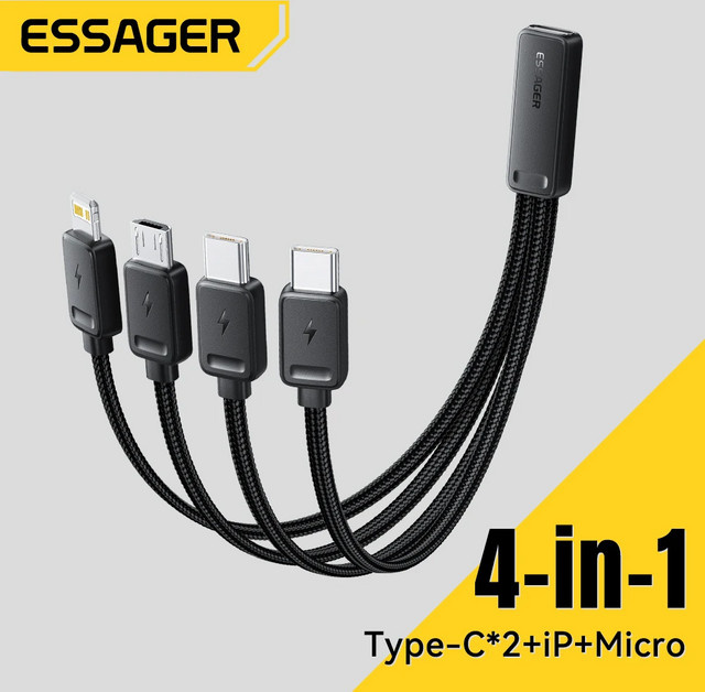Essager 4-in-1 Mehrfach-Ladekabel mit USB-C, Micro-USB und Lightning in Schwarz - Bild 1