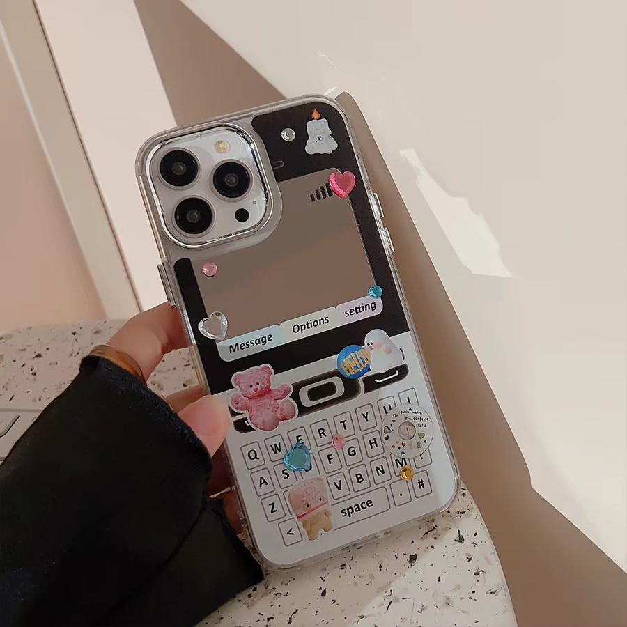 Retro-Telefonhülle mit Make-up-Spiegel und Diamant-Aufklebern für iPhone 11 bis iPhone 16 Pro Max von MUQGEW - Bild 2