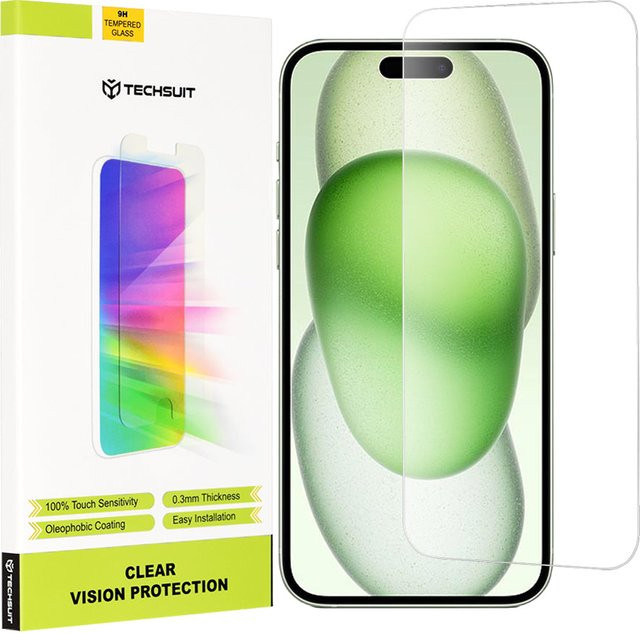 Techsuit Clear Vision Displayschutzfolie aus gehärtetem Glas für Apple iPhone 16 Plus, iPhone 15 Plus und iPhone 15 Pro Max, transparent, Vollkleber - Bild 1