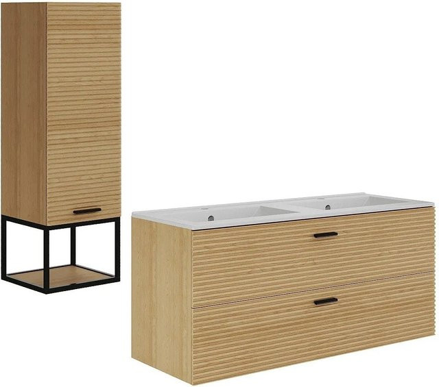 Vente-unique Badmöbel-Set Sarone in Naturholz Beige mit Hängebadmöbel, Waschbecken und Hochschrank, Breite: 120 cm, Tiefe: 46 cm, Höhe: 55 cm - Bild 1