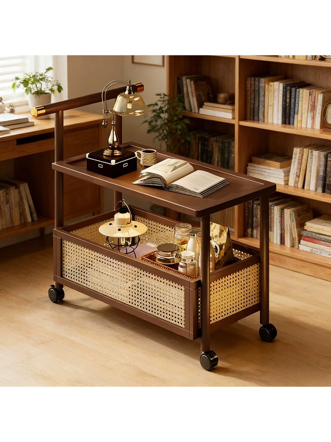 LIUSHADUOLA Mobiler Beistelltisch in Antik-Optik mit Rattan und Rollen, braun, Rechteckig, B/T/H: 70 x 50 cm - Bild 6