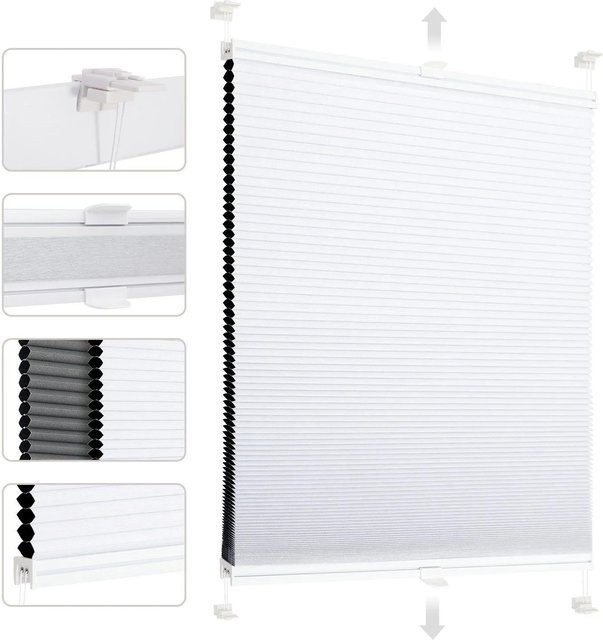 Sekey Wabenplissee ohne Bohren, 100% verdunkelnd, Weiß & Grau, B: 115 cm, H: 130 cm - Bild 1