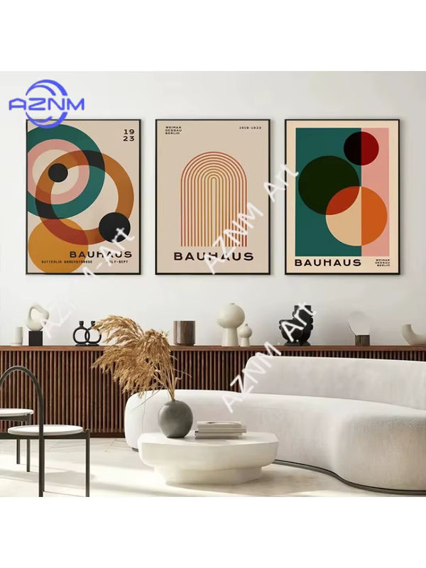 AZNM Wandkunst Leinwandgemälde mit abstraktem geometrischem Bauhaus-Design in Vintage-Optik, mehrfarbig, Hochformat - Bild 6