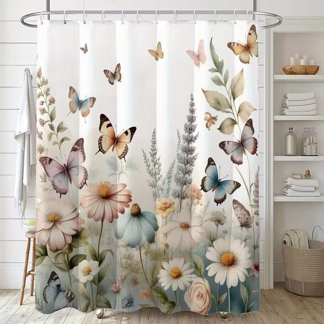 VIKAMA Duschvorhang mit 3D Schmetterling und Blumenmuster, wasserdicht und schimmelresistent, Polyester, Mehrfarbig, B: 120 cm, H: 200 cm - Bild 1