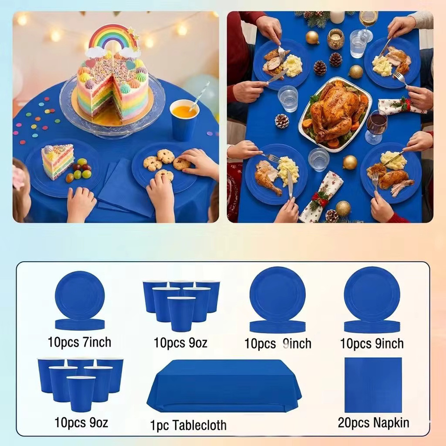 Blaues Einweg-Papiergeschirr-Set für Kindergeburtstage und Familienfeiern bestehend aus Tellern, Pappbechern und Tischdecken - Bild 4