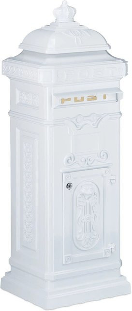 Relaxdays Standbriefkasten aus Aluguss in Weiß, wetterfest und abschließbar, B/T/H: 34,5 x 31 x 101 cm - Bild 1