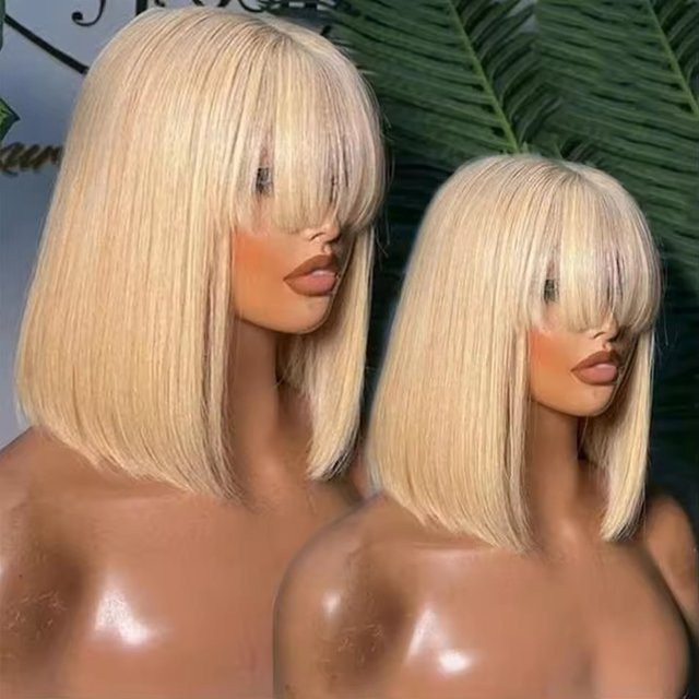 OYM HAIR Bob-Perücke, blonde Echthaar-Perücke, kurz, mit Pony - Bild 1