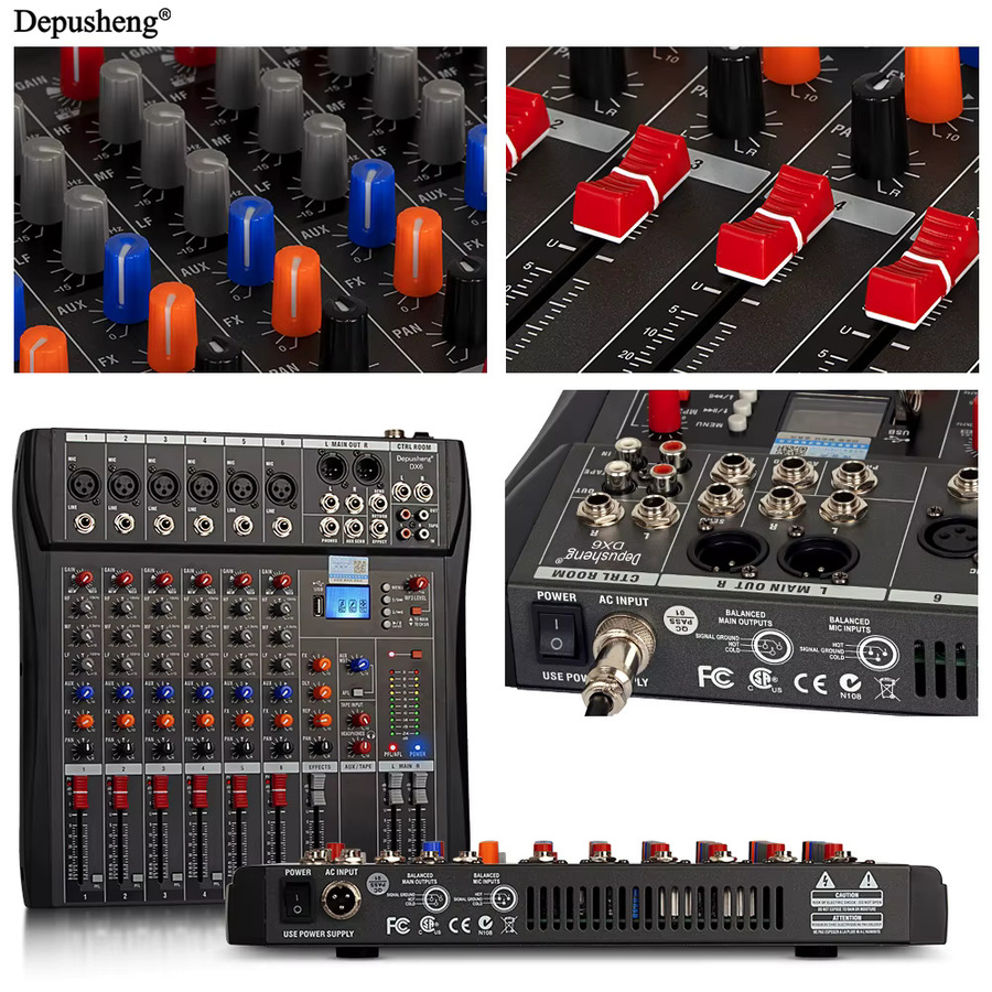 Depusheng DX6 Professioneller 6-Kanal Audiomixer mit Bluetooth und USB PC-Aufnahmeeingang, Schwarz - Bild 5