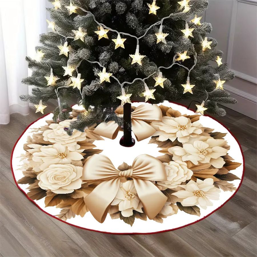 Vikama Eleganter Blumenkranz Weihnachtsbaumrock in cremefarbenem Roségold mit Schleifendesign für deine Weihnachtsdekoration - Bild 2