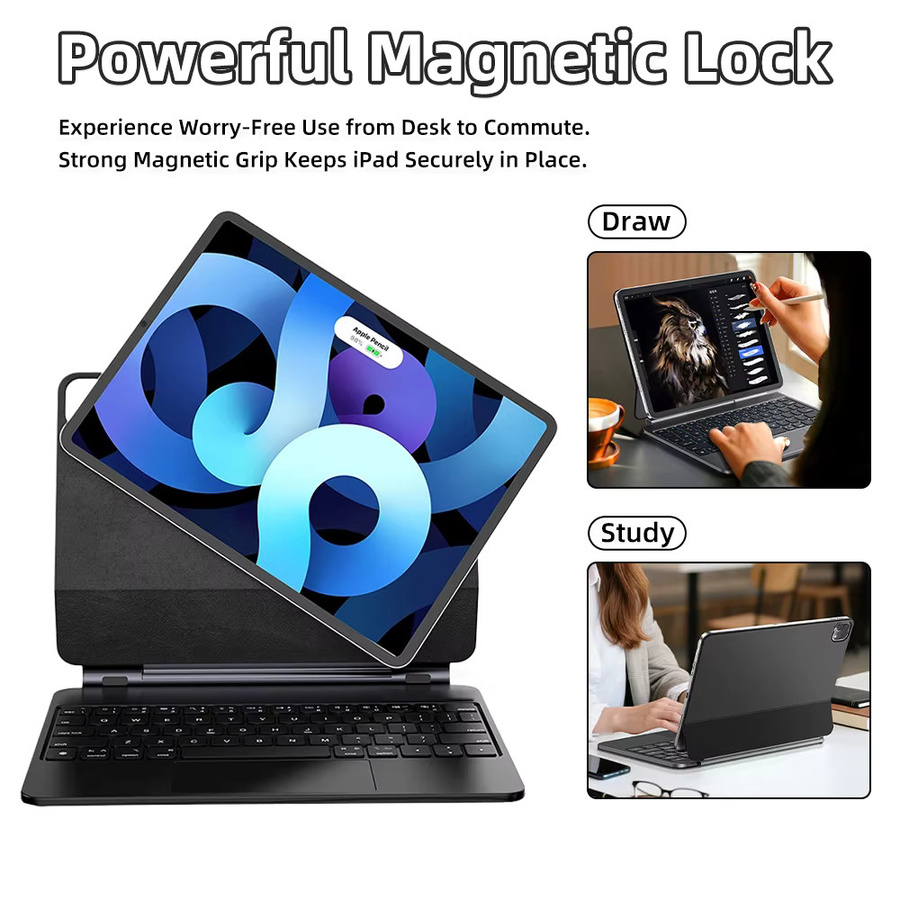 Qukam Magnetische schwebende Tastaturhülle mit Hintergrundbeleuchtung und Trackpad für iPad 11 A16, 10 Air 4 5 6 und Pro 11 13 M4 12.9 in Schwarz oder Weiß - Bild 2