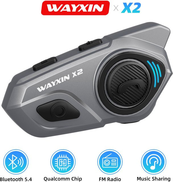 WAYXIN X2 Motorradhelm-Headset Bluetooth Intercom für bis zu 4 Fahrer, BT5.4 Interphone, wasserdicht - Bild 1
