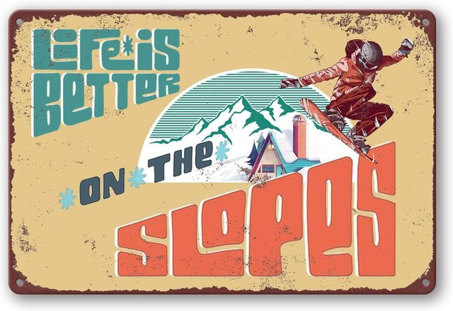 zemioy Ski Wanddekoration aus Metall, Mehrfarbiges Retro Skischild für Ski Lodge und Party, Rechteckiges Blechschild mit Berg-Motiv, Breite: 20 cm, Höhe: 20 cm - Bild 1