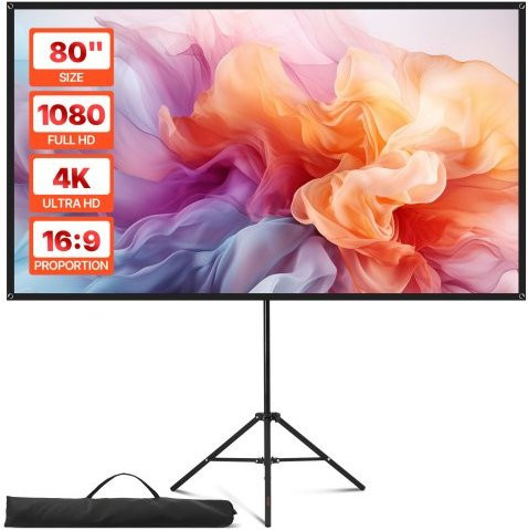 VEVOR Projektionsleinwand mit Stativ, 80 Zoll, 16:9 Format, 4K HD, 160 Grad Weitwinkel, Schwarz und Weiß, inkl. Tragetasche für Heimkino, Büro und Präsentationen - Bild 1