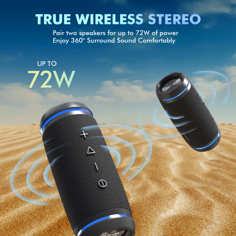 W-KING BT226 Tragbarer Bluetooth-Lautsprecher in Schwarz mit 36 W Leistung, extra Bass, 360 Grad Surround-HiFi-Sound und IPX6 Wasserdichtigkeit - Bild 2