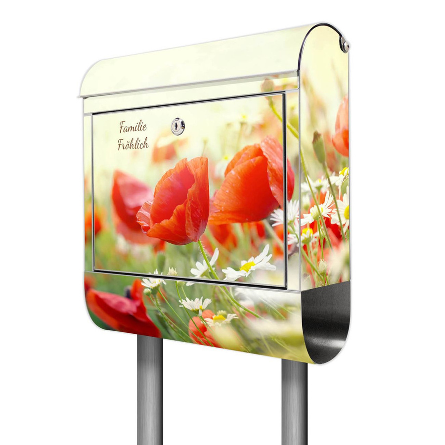 banjado Design Standbriefkasten mit Zeitungsfach und Motiv Kamille & Mohn, Farbe: Multicolour, B/T/H: 38 x 14 x 161,5 cm - Bild 1